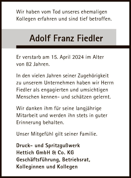 Traueranzeige von Adolf Franz Fiedler von HNA
